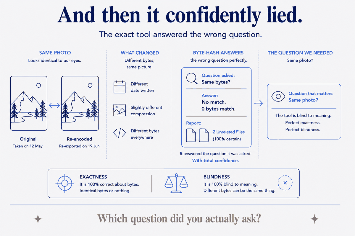 The exact tool asked the wrong question. Two photos identical to the eye, but one was re-encoded — a different date written in, a slightly different compression — so not one byte matches. The byte-hash reports them as two unrelated files, with full confidence. It answered 