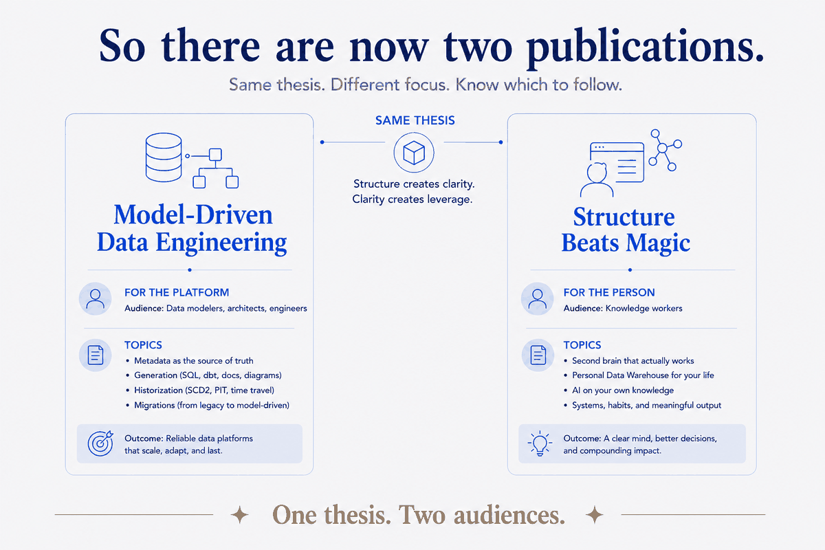 Two publications, one thesis. Model-Driven Data Engineering is for the platform — data modelers, architects and engineers; metadata, generation, historization, migrations. Structure Beats Magic is for the person — knowledge workers; a second brain, a personal data warehouse, AI on your own knowledge. Same conviction underneath: structure creates clarity, clarity creates leverage.