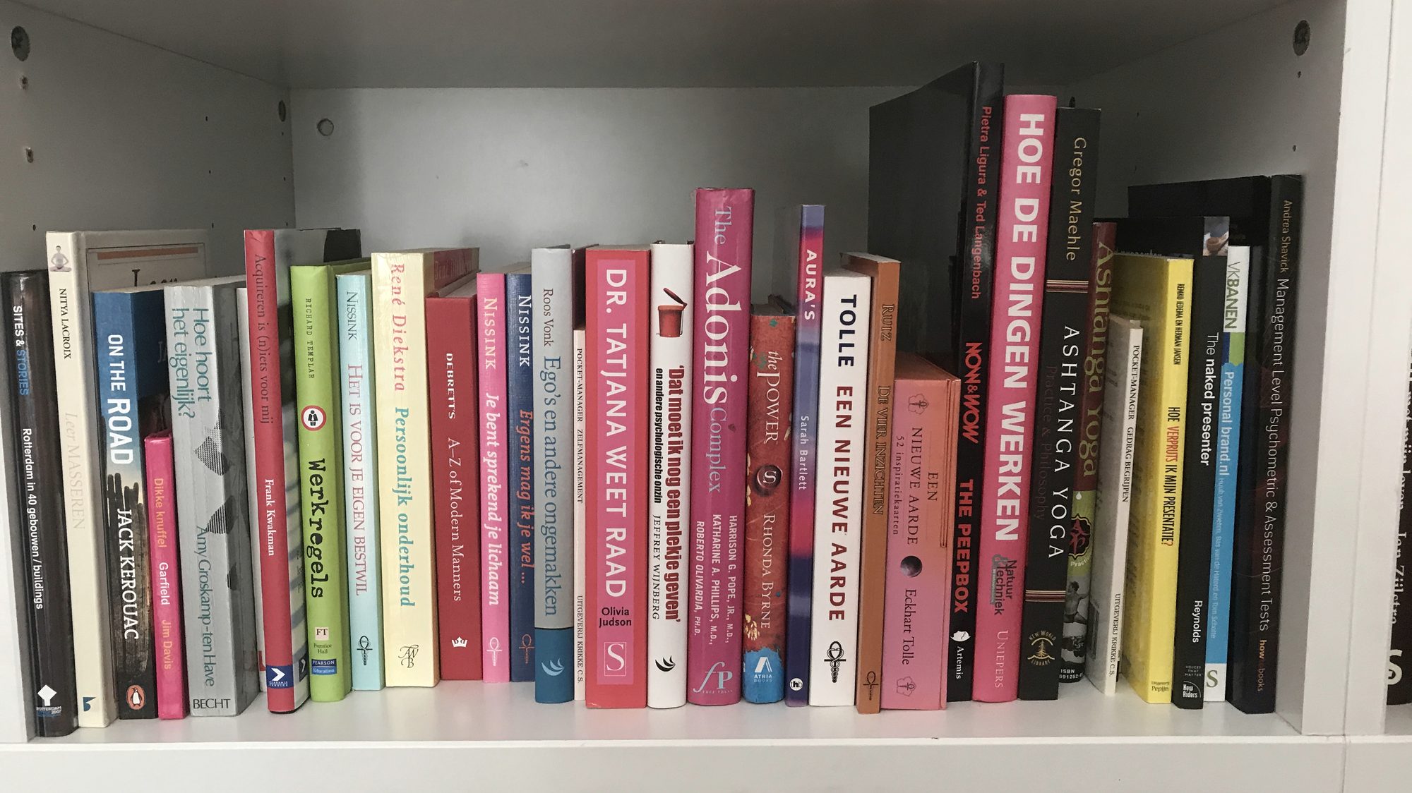 A neat row of books on a white shelf