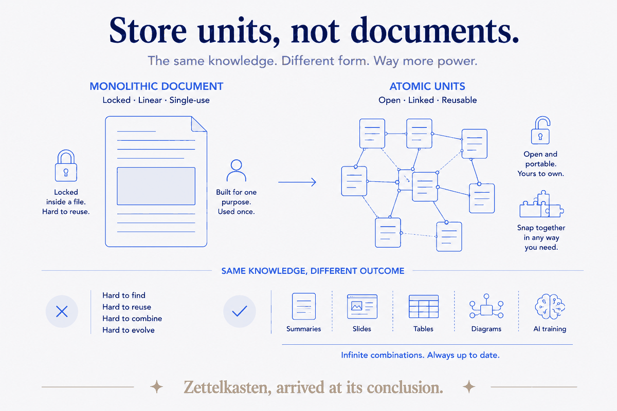 Store units, not documents. A monolithic document is locked, linear, single-use — hard to reuse, combine, or evolve. The same knowledge held as atomic units is open, linked, and reusable: the blocks snap together into summaries, slides, tables, diagrams, or AI training, in infinite combinations that stay up to date. Zettelkasten, arrived at its conclusion.