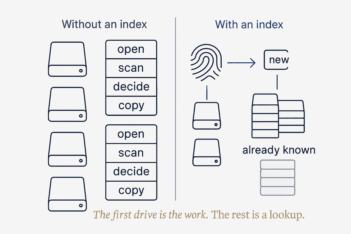 The index inverts the job. Without it, every drive is a full review: open, read, decide, copy — repeated in full for the same overlapping data, disk after disk. With it, each new drive is fingerprinted and compared against everything already saved, so it resolves into a small pile of genuinely new files and a large pile the index already knows is safe. The first drive fills the index; every drive after it is cheaper than the last.