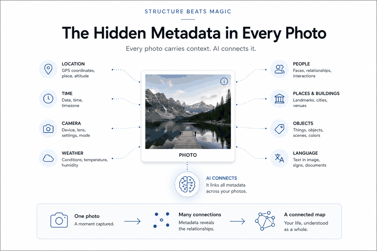 Every photo carries far more than the image: location, time, camera, weather, people, places, objects, even text. The metadata was always there — the work is reading it.
