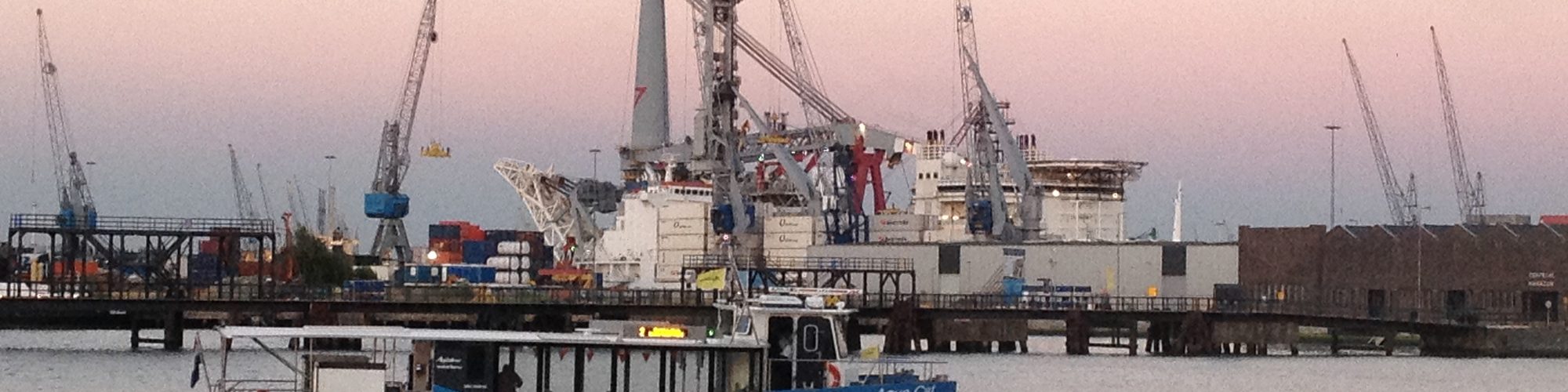 Cranes, ships and containers at Heijplaat in the Port of Rotterdam at dusk: a system at work