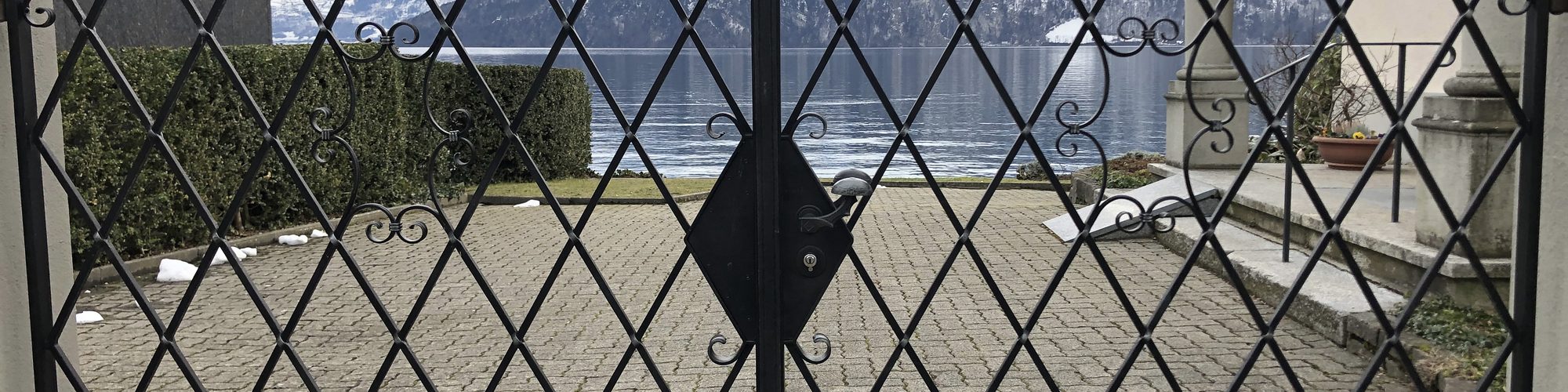 A wrought-iron lattice gate with a lake behind it: you choose to go through
