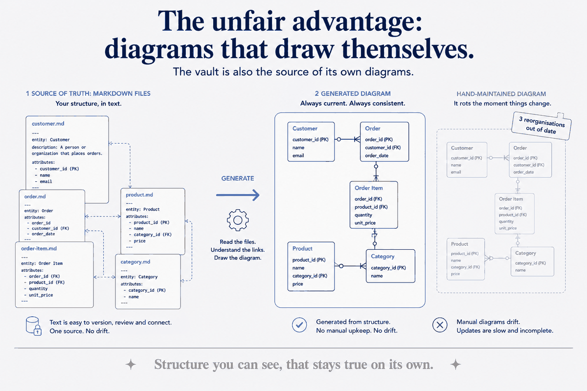 The unfair advantage: diagrams that draw themselves. The markdown files with frontmatter and links are the source of truth; a diagram generated from them is always current and always consistent. The hand-maintained version rots the moment things change — three reorganisations out of date. Update the structure, regenerate, and everything stays true.