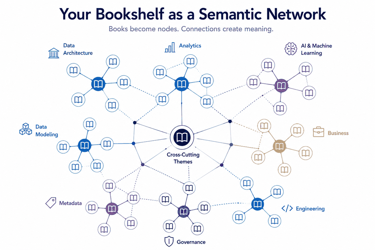 What the corpus looks like once it can be read whole: books cluster into themes — data architecture, modelling, governance, engineering — and the cross-cutting links between clusters are exactly the answers no single book holds. This is the shape a question can travel across.